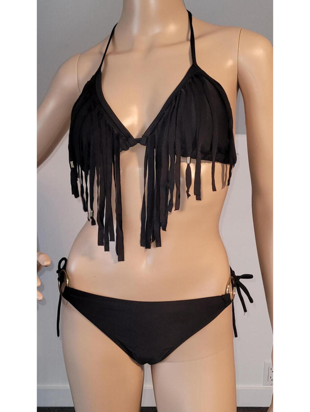Woman Medium Tassel Black Bikini Top Brazilian Bottom Straps SL4087-3